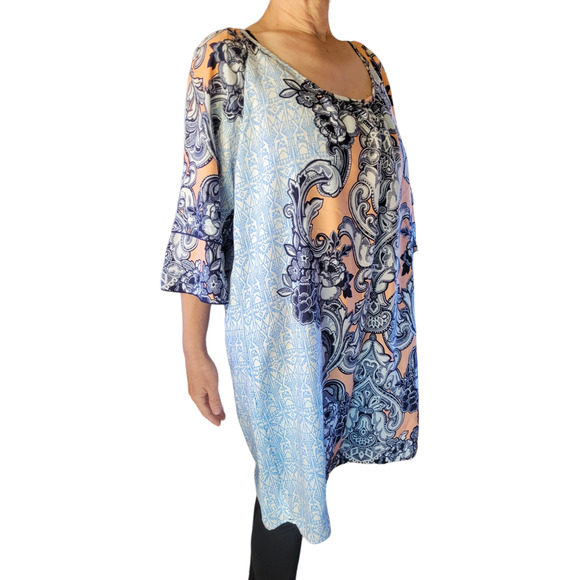 GIBSON LATIMER Boho Cold Shoulder Mumu Dress L Blue Festival Hanky Hem Tunic - Picture 8 of 10